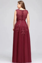 A-Line Crew Floor Length Sleeveless Plus size Tulle Appliqued Evening Dresses with Crystals by misshow.com