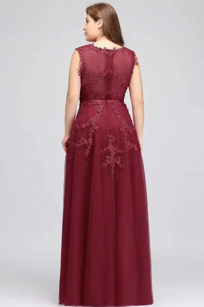 A-Line Crew Floor Length Sleeveless Plus size Tulle Appliqued Evening Dresses with Crystals by misshow.com