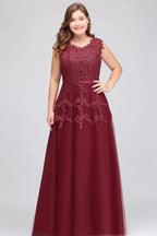 A-Line Crew Floor Length Sleeveless Plus size Tulle Appliqued Evening Dresses with Crystals by misshow.com