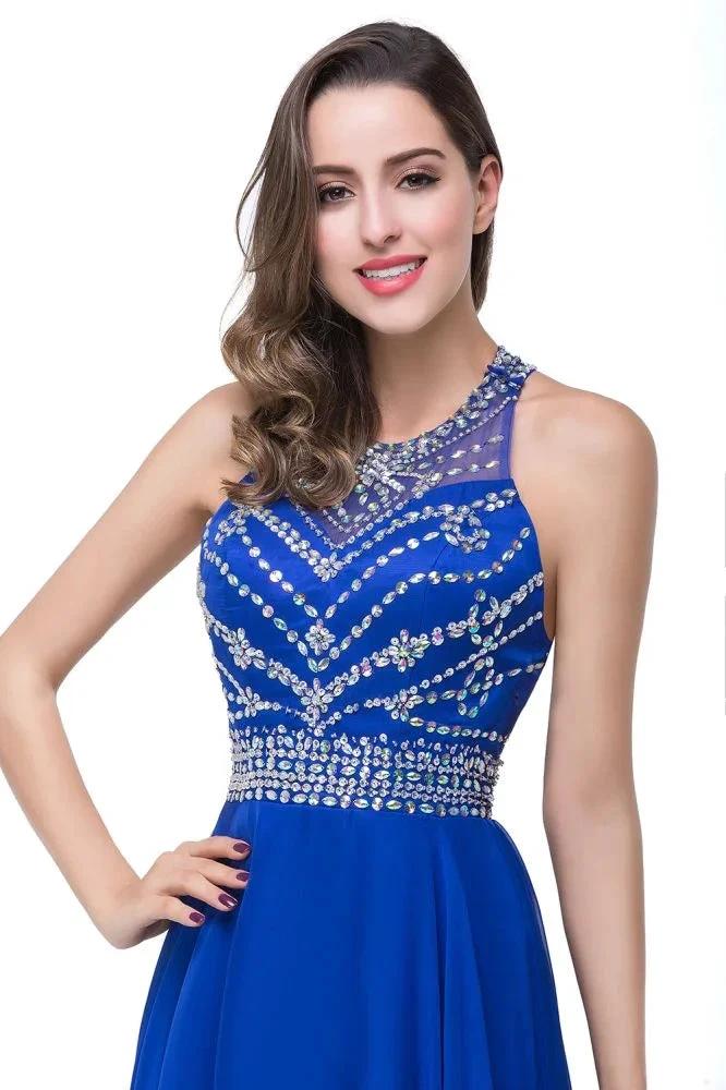 A-line Crew Floor-length Sleeveless Tulle Prom Dresses with Crystal Beads by misshow.com