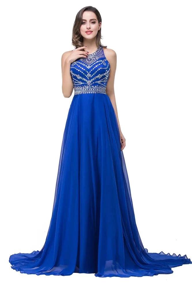 A-line Crew Floor-length Sleeveless Tulle Prom Dresses with Crystal Beads by misshow.com