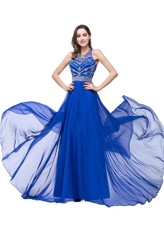 A-line Crew Floor-length Sleeveless Tulle Prom Dresses with Crystal Beads by misshow.com