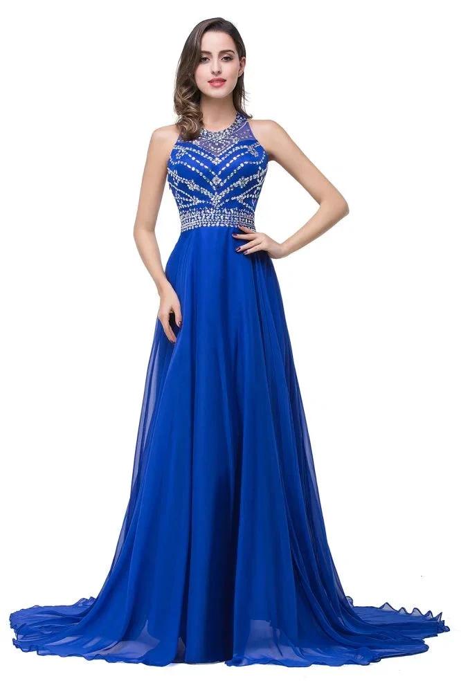 A-line Crew Floor-length Sleeveless Tulle Prom Dresses with Crystal Beads by misshow.com