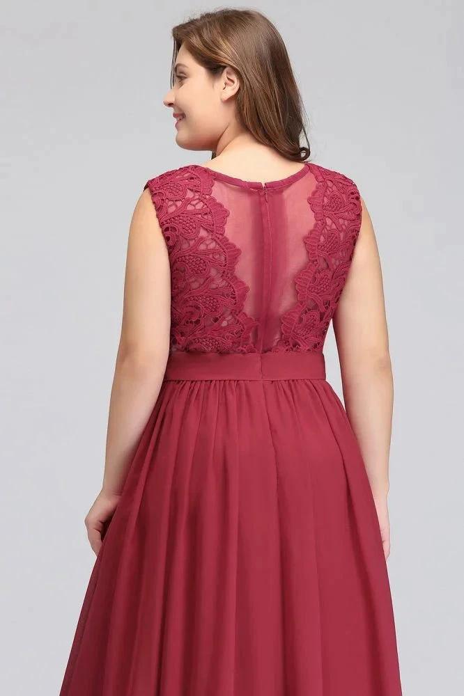 A-Line Crew Long Plus size Sleeveless Lace Chiffon Evening Dresses with Sash by misshow.com