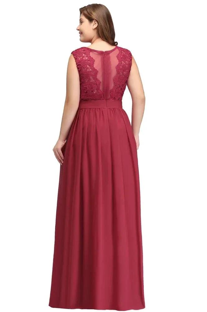 A-Line Crew Long Plus size Sleeveless Lace Chiffon Evening Dresses with Sash by misshow.com