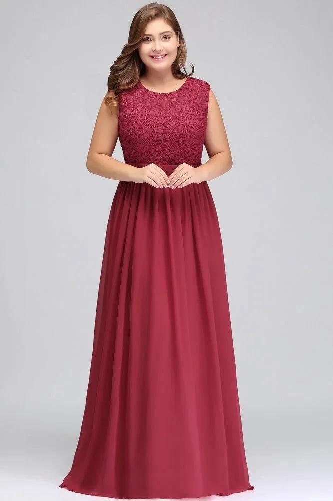 A-Line Crew Long Plus size Sleeveless Lace Chiffon Evening Dresses with Sash by misshow.com