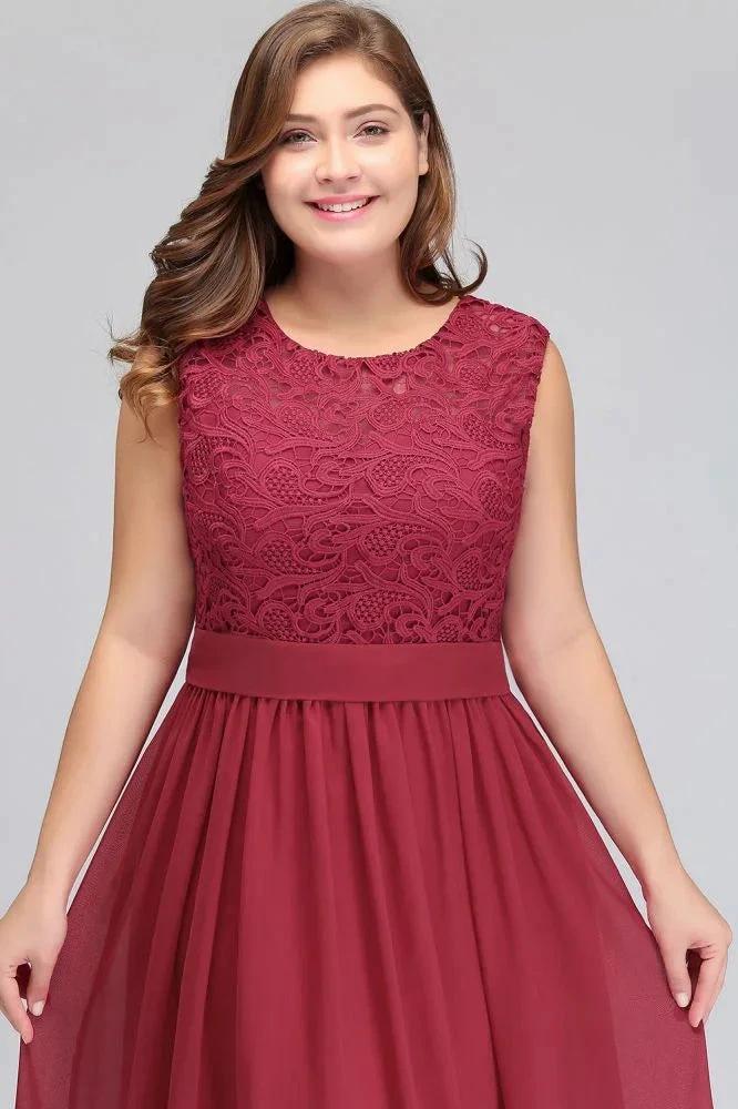 A-Line Crew Long Plus size Sleeveless Lace Chiffon Evening Dresses with Sash by misshow.com
