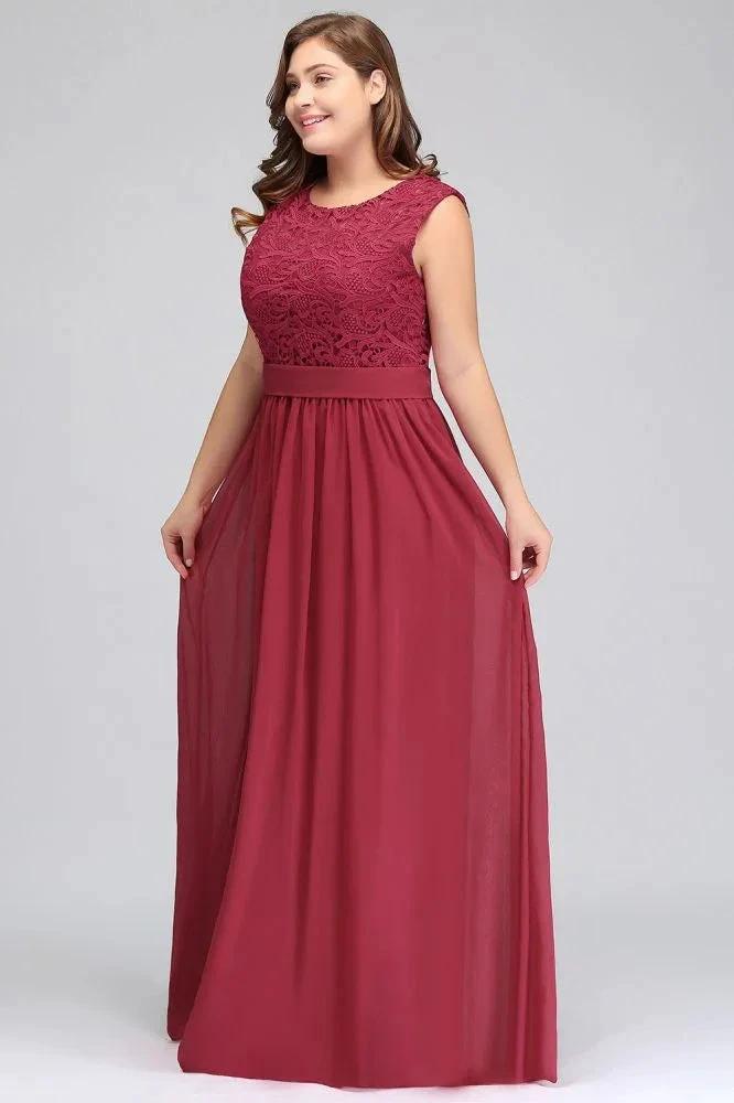 A-Line Crew Long Plus size Sleeveless Lace Chiffon Evening Dresses with Sash by misshow.com