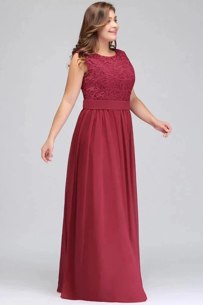 A-Line Crew Long Plus size Sleeveless Lace Chiffon Evening Dresses with Sash by misshow.com