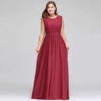 A-Line Crew Long Plus size Sleeveless Lace Chiffon Evening Dresses with Sash by misshow.com