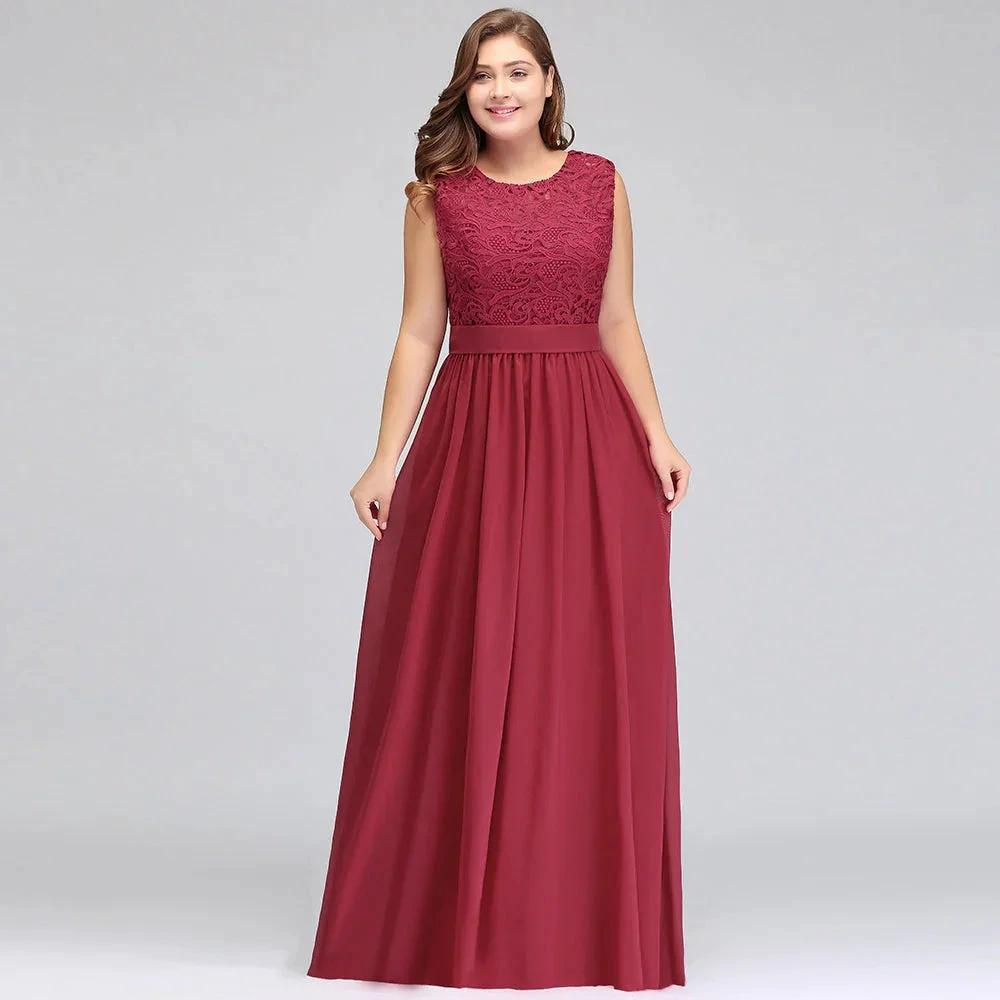 A-Line Crew Long Plus size Sleeveless Lace Chiffon Evening Dresses with Sash by misshow.com