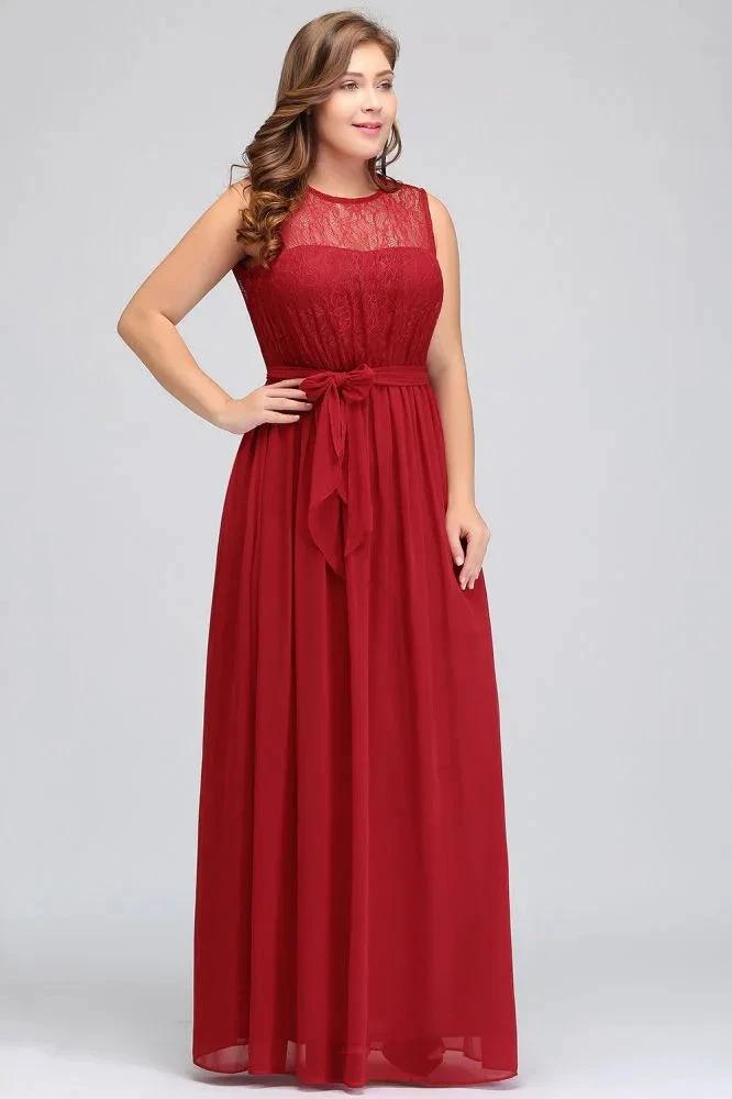 A-Line Crew Long Sleeveless Plus size Chiffon Evening Dresses with Ruffles Bow by misshow.com