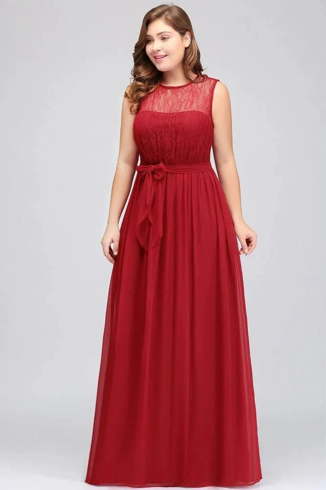 A-Line Crew Long Sleeveless Plus size Chiffon Evening Dresses with Ruffles Bow by misshow.com