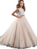 A-Line Crew Neck Sweep Brush Train Satin Tulle Flower Girl Dresses - photo 1