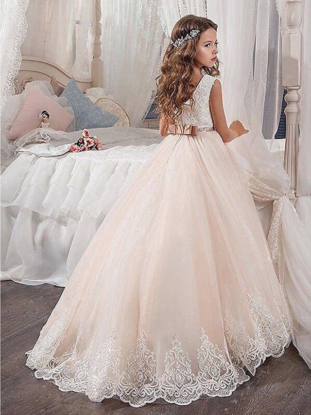 A-Line Crew Neck Sweep Brush Train Satin Tulle Flower Girl Dresses - photo 2