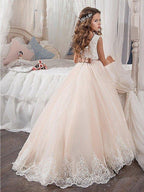 A-Line Crew Neck Sweep Brush Train Satin Tulle Flower Girl Dresses - photo 2