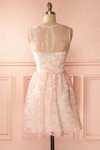 A-Line Crew Open Back Short Pearl Pink Lace Homecoming Dress PD145