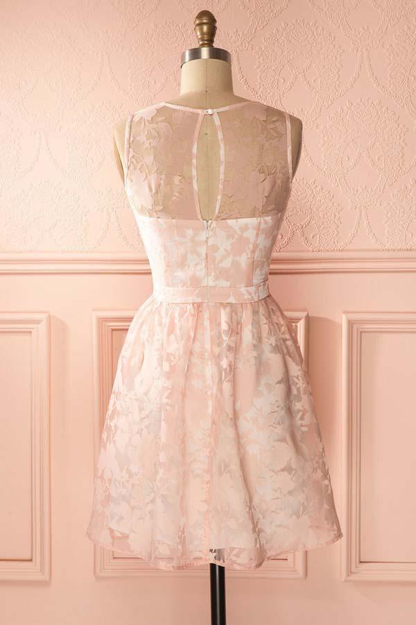 A-Line Crew Open Back Short Pearl Pink Lace Homecoming Dress PD145 Main Image