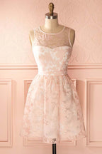 A-Line Crew Open Back Short Pearl Pink Lace Homecoming Dress PD145