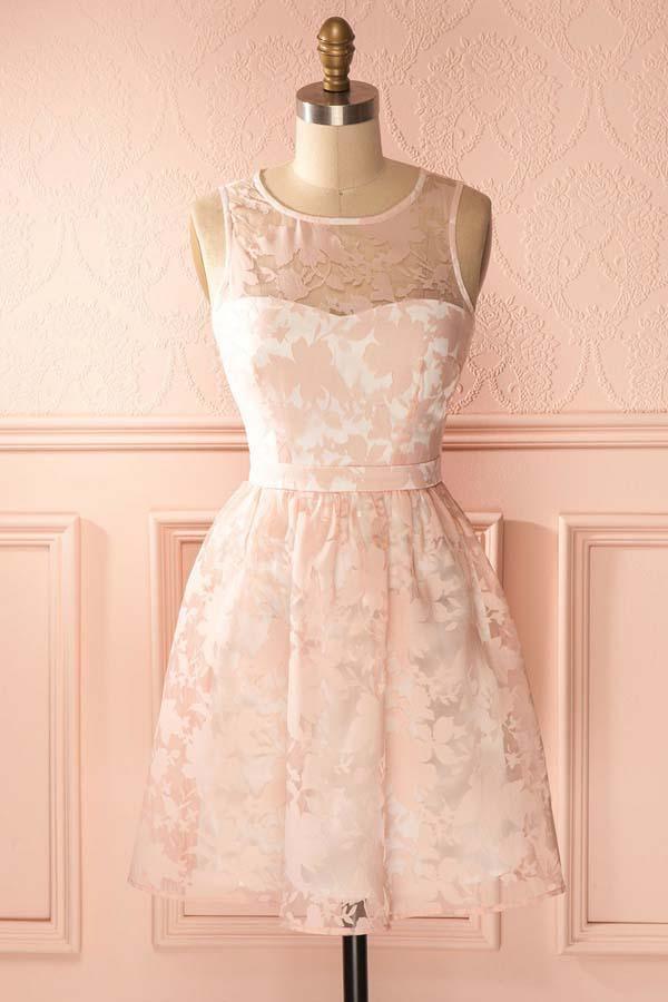 A-Line Crew Open Back Short Pearl Pink Lace Homecoming Dress PD145 Hover Image