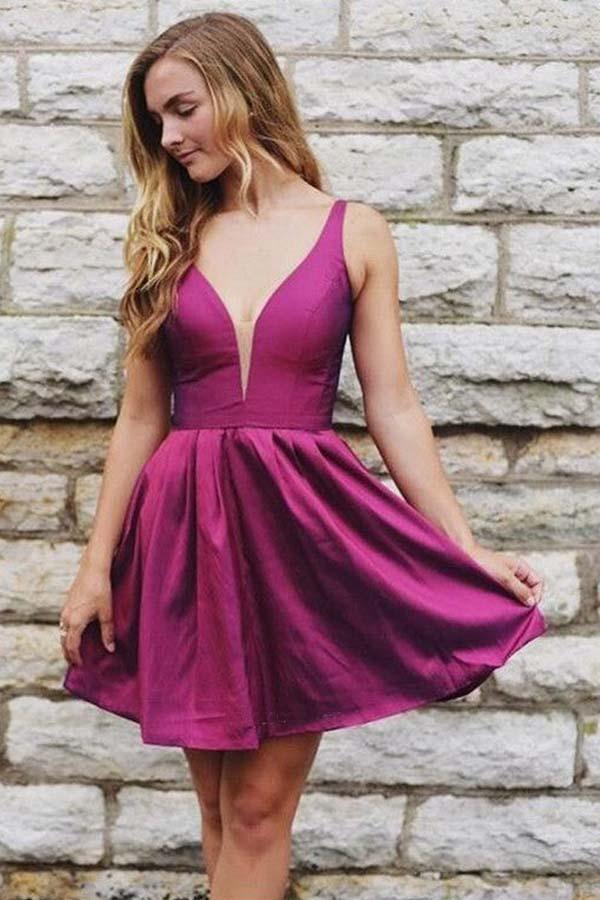 Abito corto rosso rosa in taffetà con scollo a V e schiena scoperta, modello A Line, per serate di ritorno a casa PD260