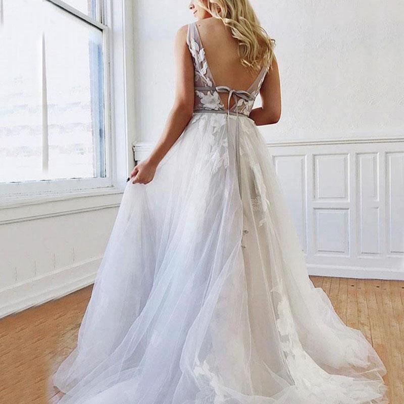 A Line Deep V-Neck Backless White Wedding Dress With Appliques WD446 by pgmdress