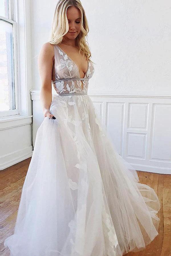 A Line Deep V-Neck Backless White Wedding Dress With Appliques WD446 by pgmdress