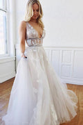 A Line Deep V-Neck Backless White Wedding Dress With Appliques WD446 by pgmdress
