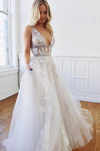 A Line Deep V-Neck Backless White Wedding Dress With Appliques WD446 by pgmdress