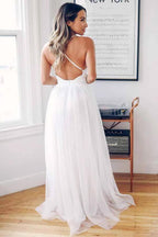 A-Line Deep V-Neck Crisscross Back Sweep Train Wedding Dress WD273 by pgmdress