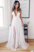 A-Line Deep V-Neck Crisscross Back Sweep Train Wedding Dress WD273 by pgmdress