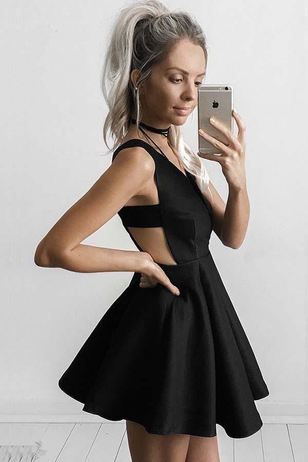 A-Line Deep V-Neck Short Cut Out Black Satin Homecoming Dress PD149 Main Image