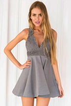 A-Line Deep V-Neck Sleeveless Grey Satin Homecoming Dress with Lace PD066 by pgmdress