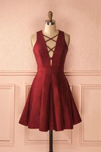 A-Line Deep V-Neck Sleeveless Lace-up Burgundy Satin Homecoming Dress PD386 by pgmdress