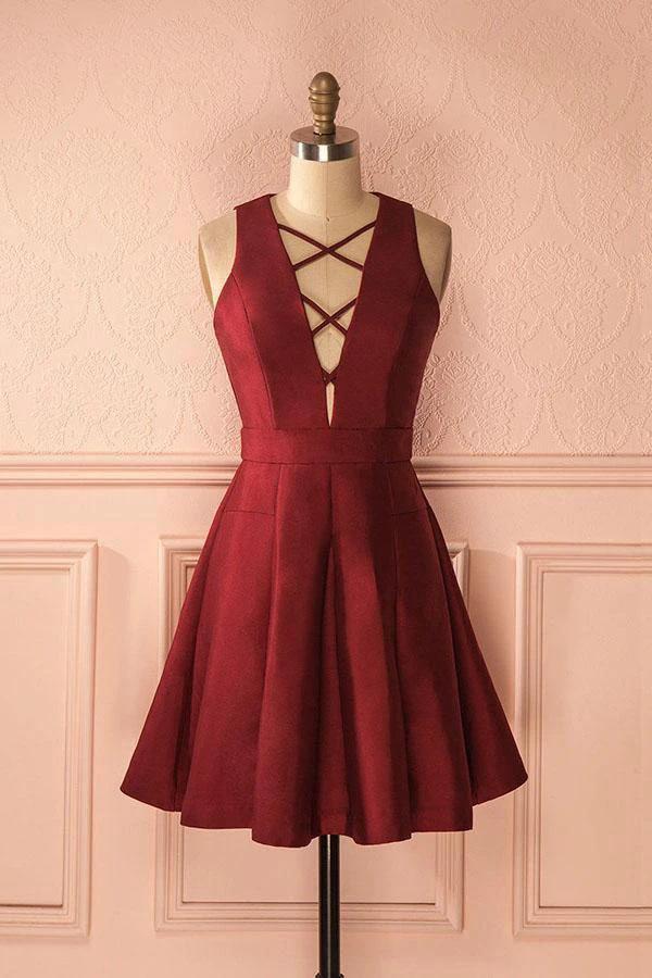 A-Line Deep V-Neck Sleeveless Lace-up Burgundy Satin Homecoming Dress PD386 by pgmdress