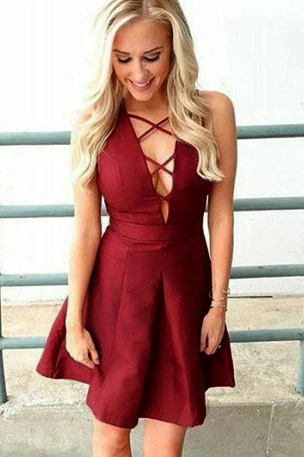 A-Line Deep V-Neck Sleeveless Lace-up Burgundy Satin Homecoming Dress PD386 by pgmdress