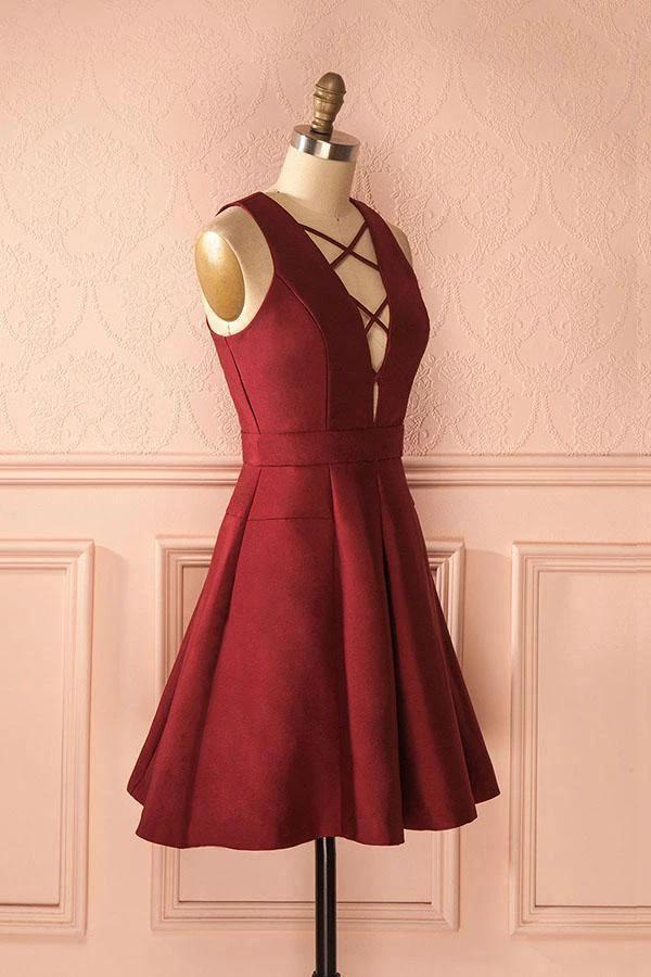 A-Line Deep V-Neck Sleeveless Lace-up Burgundy Satin Homecoming Dress PD386 by pgmdress