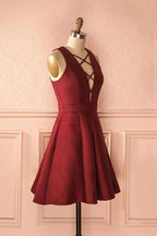 A-Line Deep V-Neck Sleeveless Lace-up Burgundy Satin Homecoming Dress PD386 by pgmdress