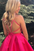 A-Line Deep V-Neck Straps Above-Knee Fuchsia Satin Homecoming Dress PD070 by pgmdress