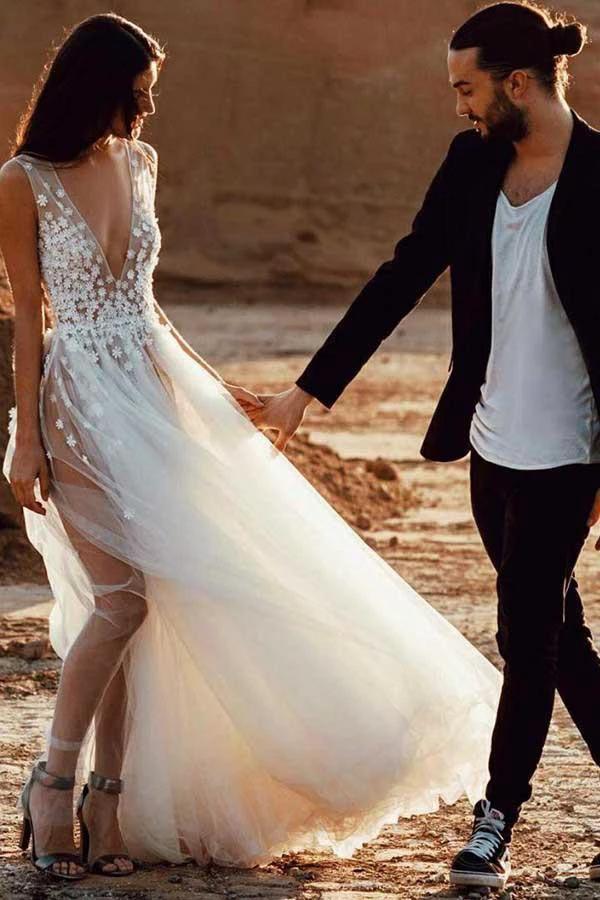 A-Line Deep V-Neck Tulle Wedding Dress with Appliques Split WD245 by pgmdress