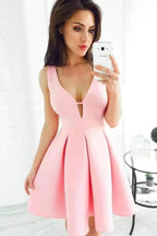 A-line Deep V-neck Wide Straps Satin Short Prom Dresses by BIZTUNNEL