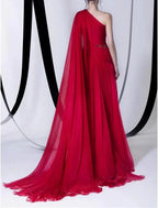 A-Line Empire Sexy Wedding Guest Formal Evening Dress One Shoulder Sleeveless Court Train Chiffon with Beading Slit by Aabei