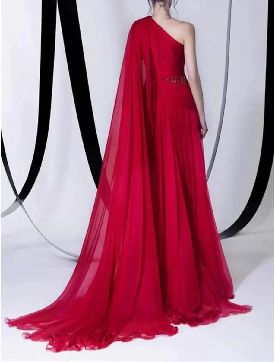 A-Line Empire Sexy Wedding Guest Formal Evening Dress One Shoulder Sleeveless Court Train Chiffon with Beading Slit by Aabei