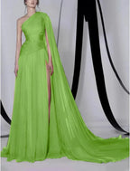 A-Line Empire Sexy Wedding Guest Formal Evening Dress One Shoulder Sleeveless Court Train Chiffon with Beading Slit by Aabei