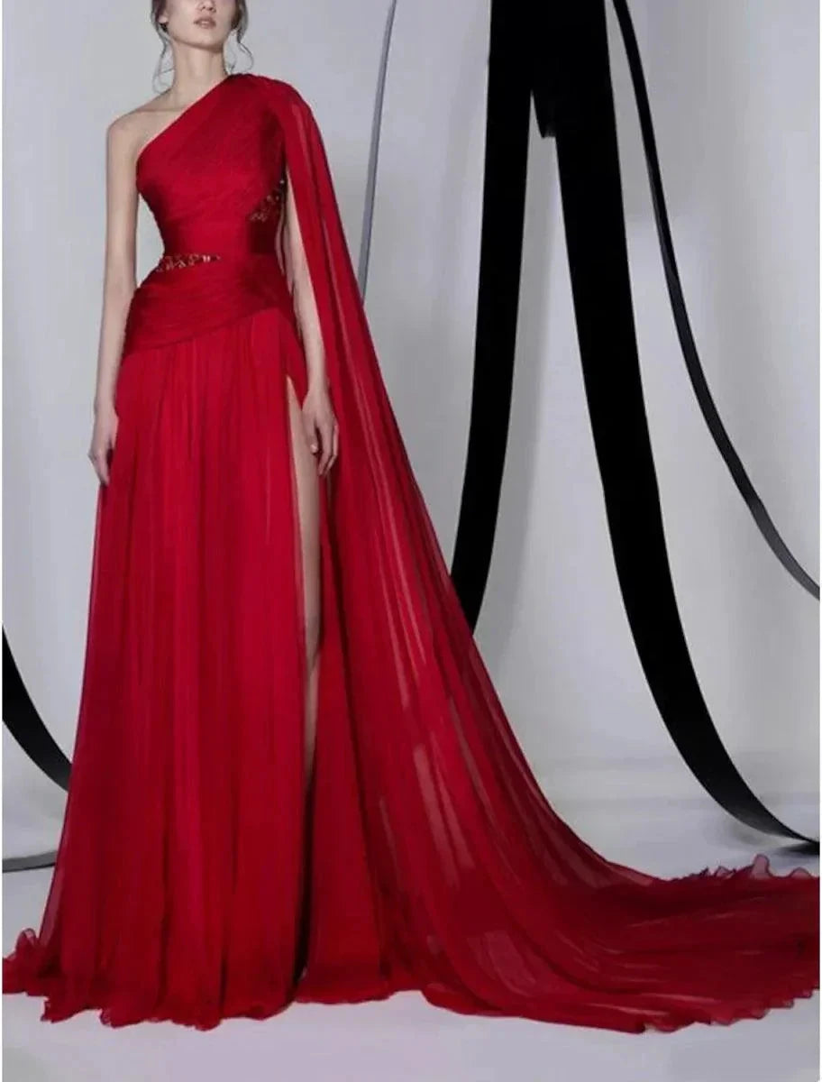 A-Line Empire Sexy Wedding Guest Formal Evening Dress One Shoulder Sleeveless Court Train Chiffon with Beading Slit by Aabei