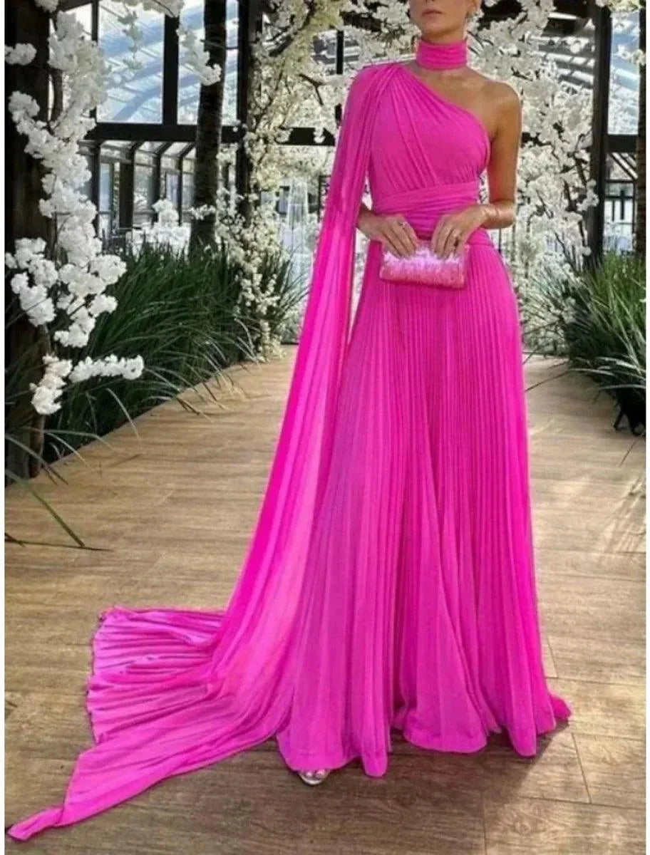 A-Line Evening Gown Elegant Dress Formal Sweep / Brush Train Sleeveless One Shoulder Chiffon with Pleats Ruched by Aabei