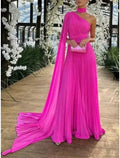 A-Line Evening Gown Elegant Dress Formal Sweep / Brush Train Sleeveless One Shoulder Chiffon with Pleats Ruched by Aabei