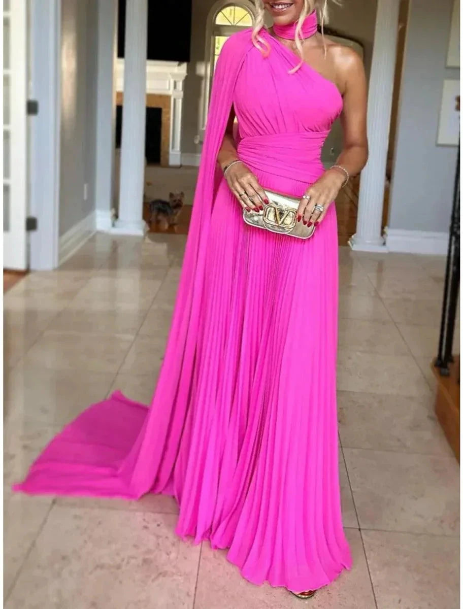 A-Line Evening Gown Elegant Dress Formal Sweep / Brush Train Sleeveless One Shoulder Chiffon with Pleats Ruched by Aabei