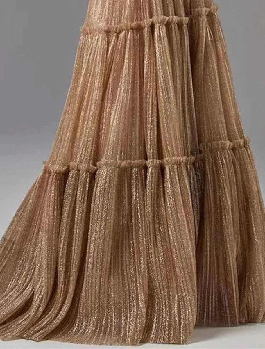 Sunnderly A-Line Evening Gown Glittering Dress Formal Wedding Guest Floor Length Sleeveless Strapless Tulle with Pleats by Aabei