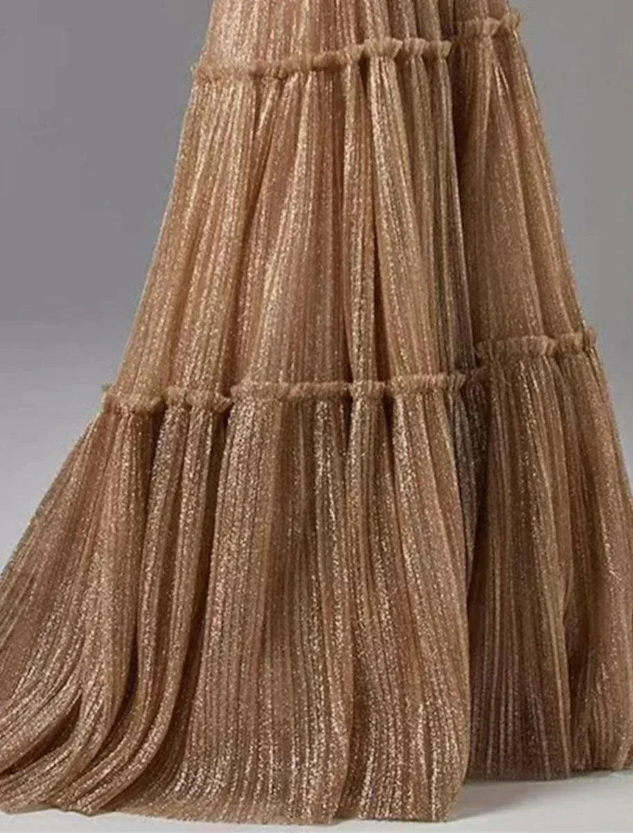 فستان سهرة صنندري على شكل حرف A لامع، فستان رسمي لحضور حفلات الزفاف، طويل حتى الأرض، بدون أكمام وبدون حمالات، من التول مع طيات